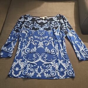 Boston Proper Blue and Black Baroque Long Sleeve Top